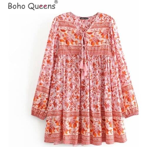 Boho Queens women Floral print tie neck beach Bohemian mini dress Ladies ethnic Summer rayon Boho dress vestidos
