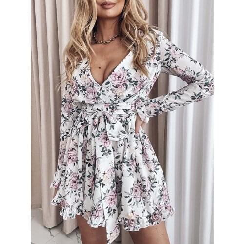 Autumn Dresses For Women Sexy Casual Floral Long Sleeve Mini Dress V Neck Ruffles Lace Up Folds Korean Evening Party Vestidos