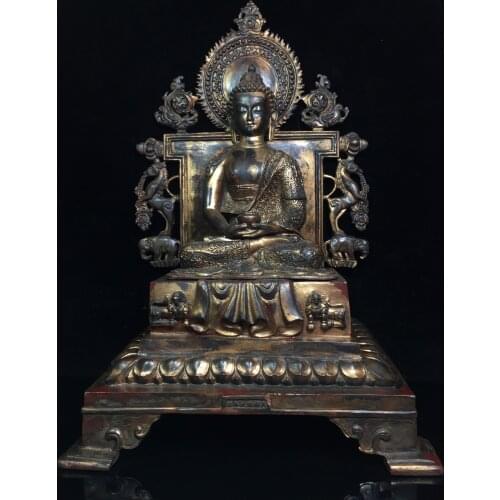 21"Tibet temple Old Bronze Lacquer Cinnabar Shakyamuni Buddha Statue Medicine Buddha Sit on the dragon chair Enshrine the Buddha