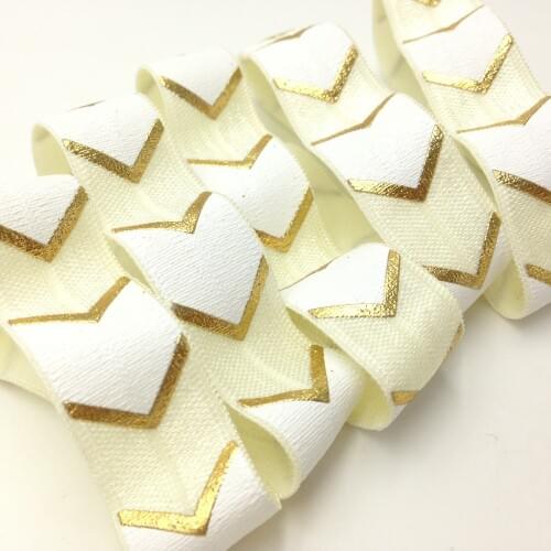 5 Yards 5/8 Ivory and White Gold Foil Chevron Metallic Wide Arrow DIY Headband Supplies Fold Over Elastic FOE Ribbons