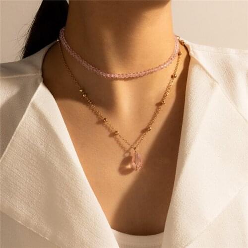HuaTang Boho Pink Crystal Pendant Necklace for Women Gold Bead Double Layer Clavicle Chain Choker Female Jewelry on the Neck