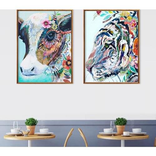Watercolor Flowers Animals Tigers Cow Decorative Paintings Home Restaurant Hanging Canvas Paintings Modern Frameless Murals