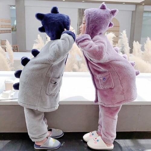 Winter Kids Boys Hooded Pajamas Set Fashion Cartoon Dinosaur Warm Flannel Sleepwear Autumn Thicken Outfits Baby Girls Homewear