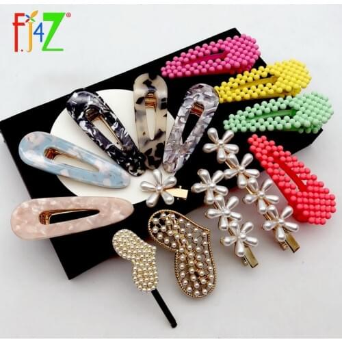F.J4Z Hot Acrylic Waterdrop Hair Clips Women Luxury Simulated Pearl Flower Heart Hairpins Jewelry Accessories Palillos del pelo