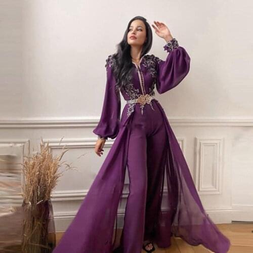 Purple Long Sleeve Evening Jumpsuit Dress with Overskirt 2021 Lace Beaded Chiffon Moroccan Kaftan Dubai Arabic Prom Pant Suit