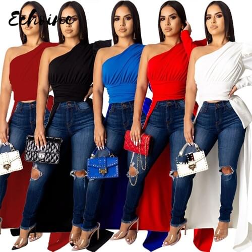 Women Tops Short Front Long Back One Shoulder Long Sleeves Sexy T Shirts 2020 Autumn 6 Colors Casual Night Club Tees Streetwear