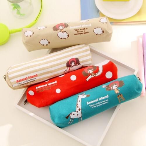 Lovely Girl Canvas Pencil Case Cute Kawaii Cartoon Fabric Zipper Animal Pencil Bag For Kids School Supplies 1pcs Pen Case