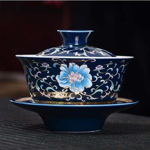 Pure Silver 999 Hand Gilded Silver Liner Grilled Flower Covered Bowl Ceramic Sancai Bowl Inlaid With Silver Kung Fu Tea Set Tea