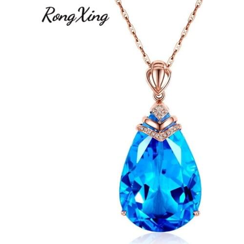 RongXing Ocean Blue Crystal Big Zircon Water Drop Pendant Necklaces for Women Retro Fashion Rose Gold Filled Birthstone Necklace