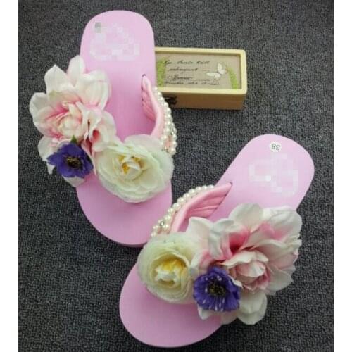 HAHAFLOWER summer new women beach slippers handmade large flowers female fashion high-heeled flip flops casual slippers B098