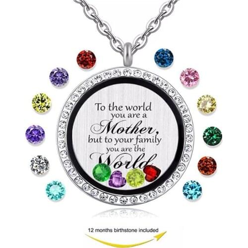 Mother is the world engraved magnetic Floating Living Memory Locket Pendant Necklace with Birthstone charm necklace jewelry