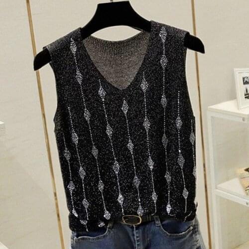 Diamond Tank Vests Women Top V-neck Solid Fashion Female Sleeveless Casual Thin Tops Summer Knit Tee Shirt Femme 2021