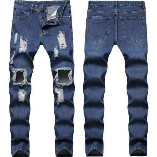 2021 Men’s High Quality Ripped Jeans,Big Hole Decor Slim-fit Denim Pants,Classic Blue Color Casual Jeans,Youth Cool Must