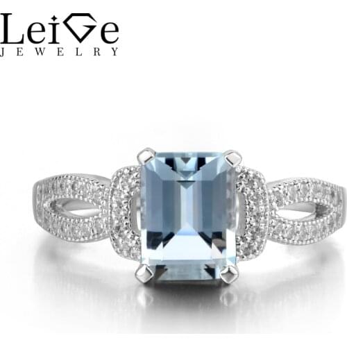 Leige Jewelry Natural Aquamarine Engagement Rings for Women 925 Sterling Silver Fine Jewelry Blue Gemstone Emerald Cut