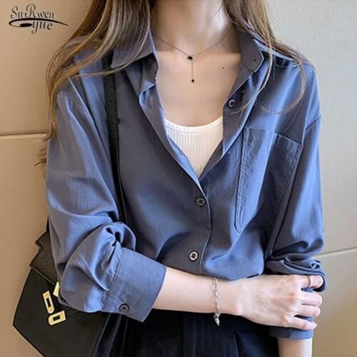 Autumn 2020 Korean Fashion Long Sleeve Shirt Women Office Lady Loose Shirt Solid POLO Collar Cardigan Casual Blouses Tops 10934