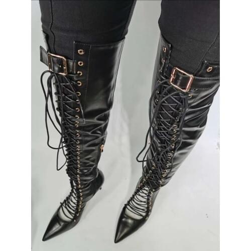 Women Sexy Black Leather Crossed Lace Up Motorcycle Boots Pointed Toe Metal Buckle Over The Knee Boots High Thigh Boots