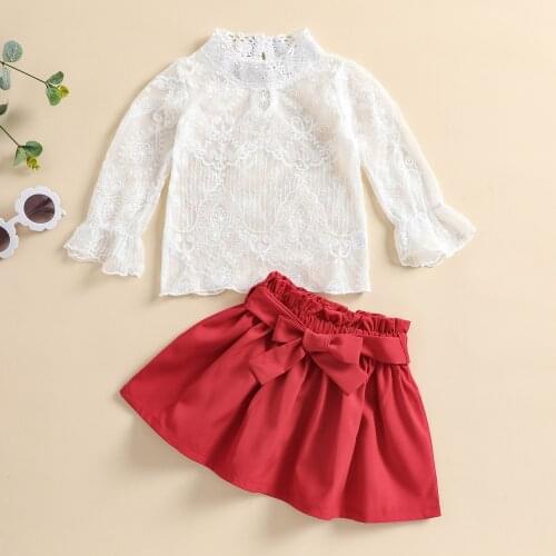 2-6Years Girls Casual Two-piece Clothes Set, High Neck Lace Hem Pullover and Solid Color Skirt