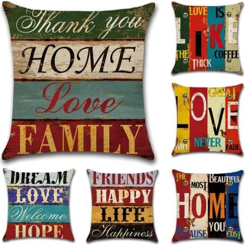 Retro Love Home Family Cushion Cover 45*45 Cotton Linen Throw Pillows Cases Sofa Home Decor Letter Pillowcase
