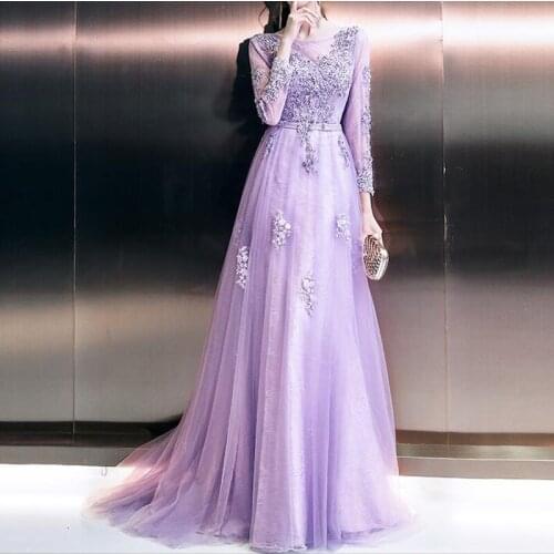 Light Purple Evening Dress Lace Prom Gowns Soft Tulle Floral Applique with Beads Sequins Lace-up Back