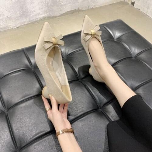 Gold heels genuine leather sweet bowtie brand high heels office ladies shoes women heels shoes thin heels stiletto