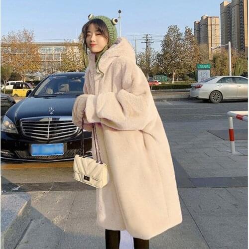 2021 New Faux Fur Coat Winter Women Casual Hooded Loose Faux Fox Fur Winter Long Jacket Women Solid color keep warm