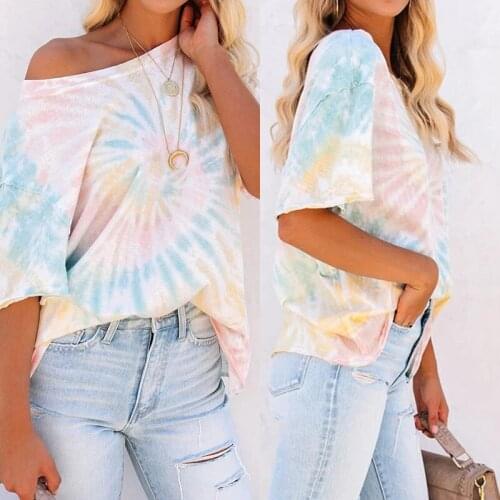 New Womens Summer Loose Casual Short-sleeved Printed T-shirt Top Polyester Tie-dye Diagonal Collar Printed Large Size T-shirt