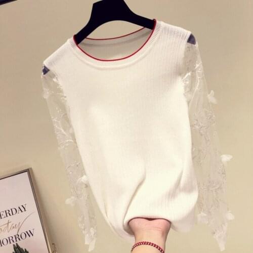 2018 New Sweet Style Loose Bottom Women Tops Net Yarn Splicing Nail Patchwork Coat Horn Sleeve Knitted Sweater