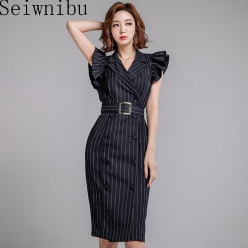2020 Autumn Print Striped Blazer Dress Women Double Button Ruffles Bodycon Wrap Dress Women with Sashes OL Work Office Dress