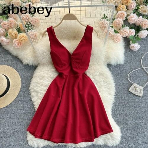 Women Backless Strap Dress Deep V Neck Sleeveless Dress Summer Off Shoulder A-line Beach Short Dress