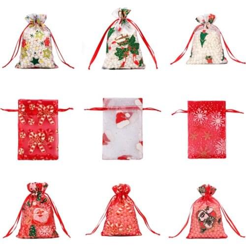 100Pcs 10X15 13X18cm Christmas Organza Bag Gauze Element Jewelry Bags Packing Drawable Organza Gift Bags
