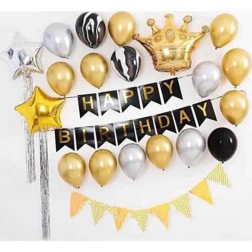 Gold Silver Black Theme Birthday Party Decorations Happy Birthday Banner Metallic Gold Balloons For Kids Adult Birthday Supplies