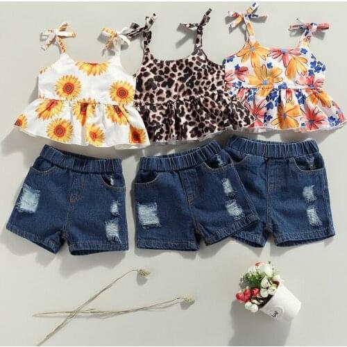FOCUSNORM 1-5Y Toddler Kids Baby Girl Clothes Sets 2pcs Sleeveless Floral /Leopard Tops Ripped Denim Shorts