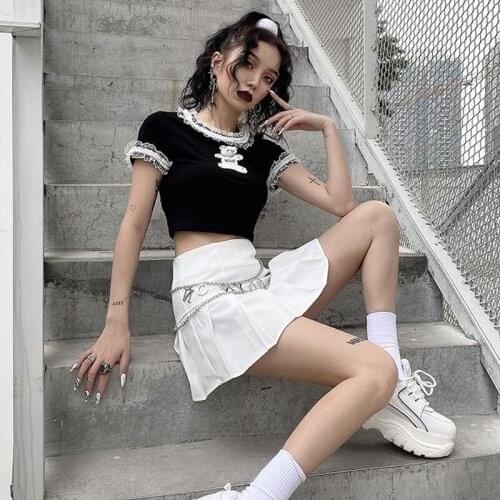 Summer Goth T Shirts Women Clothing Fashion Kpop Bear Print Graphic T Shirts Sexy E Girl Gothic Lace Crop Top Soft Girl Tee Tops