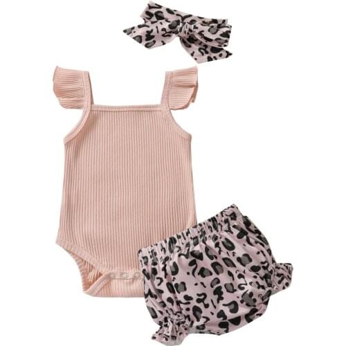 3Pcs Baby Summer Outfits, Pure Color Ruffle Sleeveless Romper + Leopard Print Shorts + Hairband Baby Girls Clothes 0-18 Months