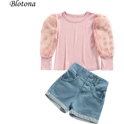 Blotona Kids Girls Summer Casual 2Pcs Outfits, Polka Dots Print Long Puff Sleeve O-Neck Tops+Button Decoration Denim Shorts 1-6Y