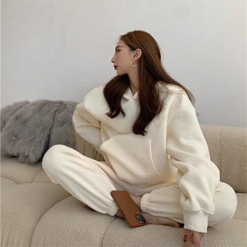 Women Thick Fleece Hoodies and Sweatpants Tracksuits Winter Two Piece Solid Color Sets Hoodies Sweatshirt and Pants Suits