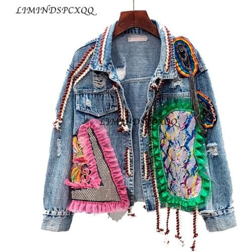 Spring Women Streetwear Patch Denim bomber Jacket Female Personality Short Diamonds Jacket Tassel Jean Coat jaqueta feminina