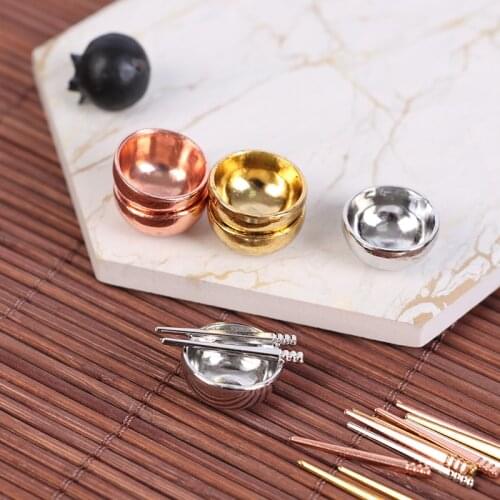 New 1Set Dollhouse Miniature Accessories Mini Metal Bowl Chopsticks Set Simulation Kitchen Tableware Model Toys