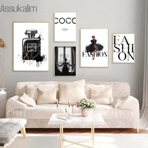 Fashion Poster Perfume Bottle Canvas Painting Golden Marble Print Black And White Posters Vogue Wall Pictures Girl Bedroom Decor