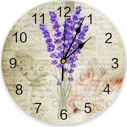 Vintage Plant Lavender Purple Wall Clock Home Decor Bedroom Silent Oclock Watch Wall Digital Clock Wall Clock Modern Design