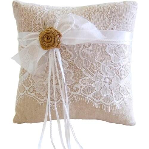 Ring Bearer Pillow Cushion 8 x 8 Inch with Burlap Flower and Lace for Rustic Bridal Wedding Shower Ceremony