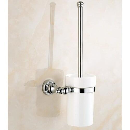 Polished Chrome Brass Wall Mounted Toilet Brush & Holder Set White Brush Ceramic Cup Bathroom Accessory aba906