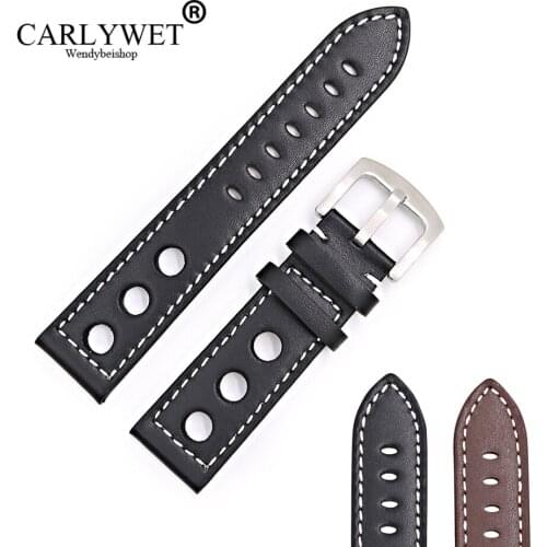 CARLYWET 22mm Newest Hot Sell Popular Real Calf Leather Handmade Black Brown with White Stitches Wrist Watch Band Strap Clasp