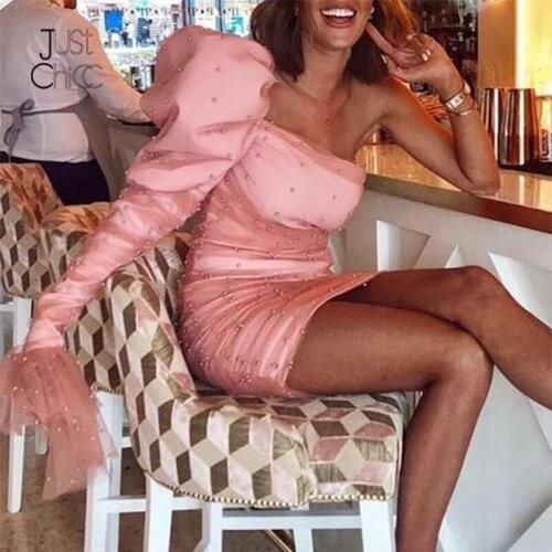 Justchicc 2019 Mesh Party Dress Women Bodycon Patchwork Pearls Sexy Dress Flare Sleeve Autumn Winter Night Club Dresses Vestidos