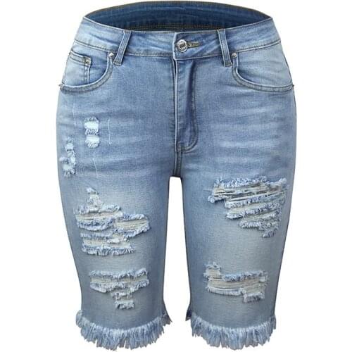 Quanss Summer Fashion Streetwear Tassel High Elastic Denim Shorts Capris Women 2021 New Casual Hole Short Jeans