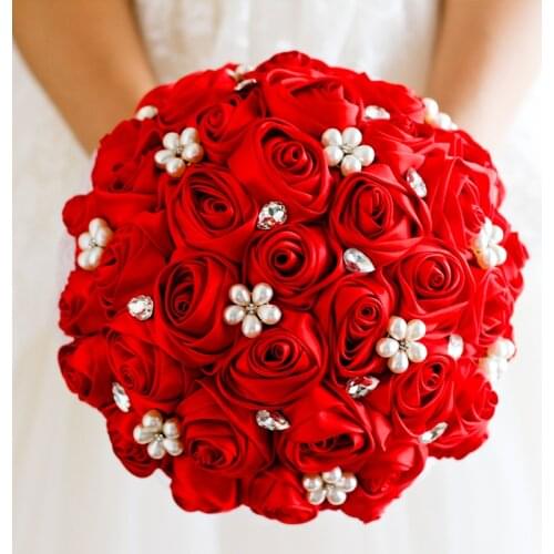 Wedding bouquet Red Rose flower bridal brooch bouquet Wedding Bride 's Jewelry crystal Pearl Rhinestone Cloth fabric Bouquets