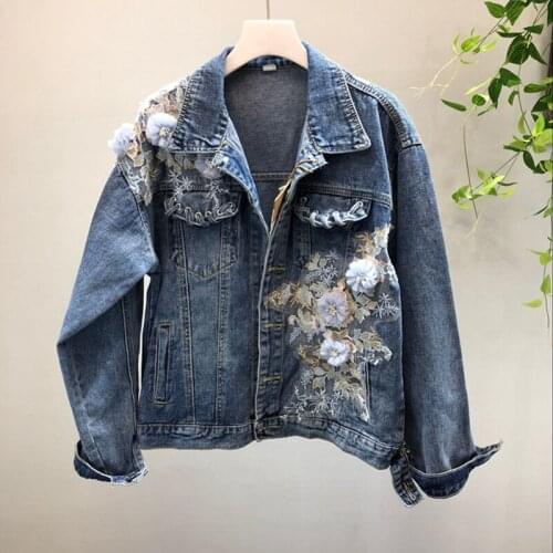 2019 New Autumn Women Slim Embroidered Lace Flowers Long Sleeve Denim Jacket Coat Frayed Studded Womens Jeans Coat Jacqueta