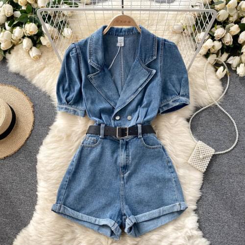 SINGREINY Women Retro Denim Rompers Korean Notched Puff Sleeve Belt Jumpsuits 2021 Summer Chic Streetwear Wide Leg Short Rompers