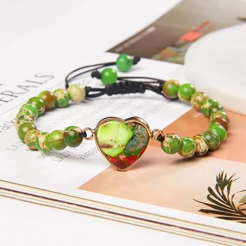 Natural Stone Heart Charm Bracelet 6mm Round Jaspers Rose Quartz Crystal Beads Braided Bracelet for Women Men Couples Jewelry