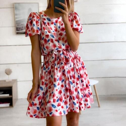 2021 Summer Elegant Short Floral Dress For Women Sweet O-neck Short Sleeve Sashes A-Line Empire Beach Ladies Dresses Robe Femme